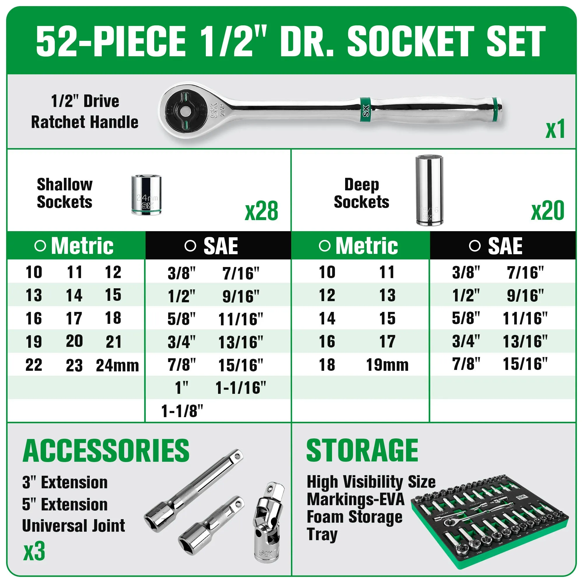 52 Piece 1/2" Drive, 6 Point, Standard & Deep, SAE & Metric Chrome Socket Set