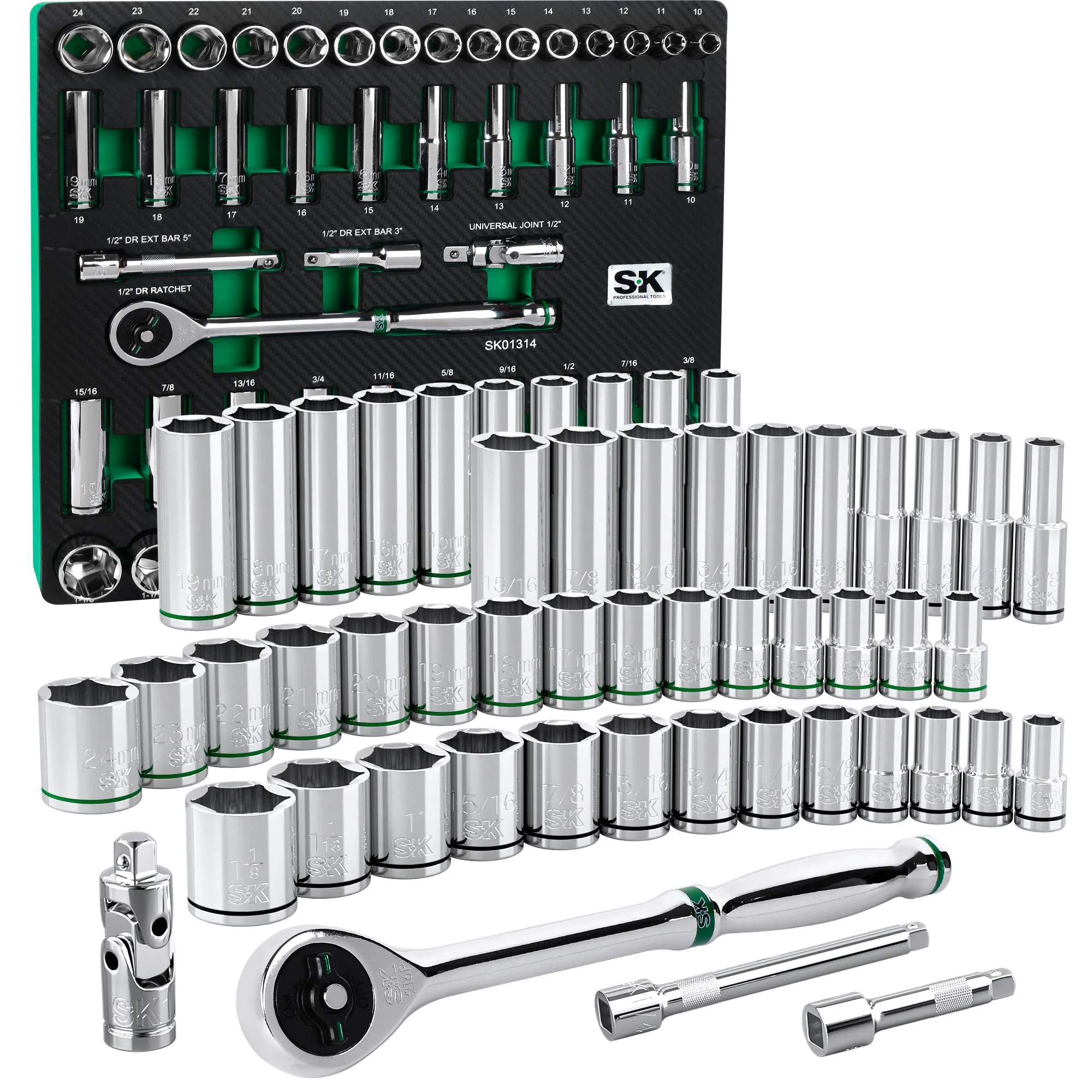 52 Piece 1/2" Drive, 6 Point, Standard & Deep, SAE & Metric Chrome Socket Set