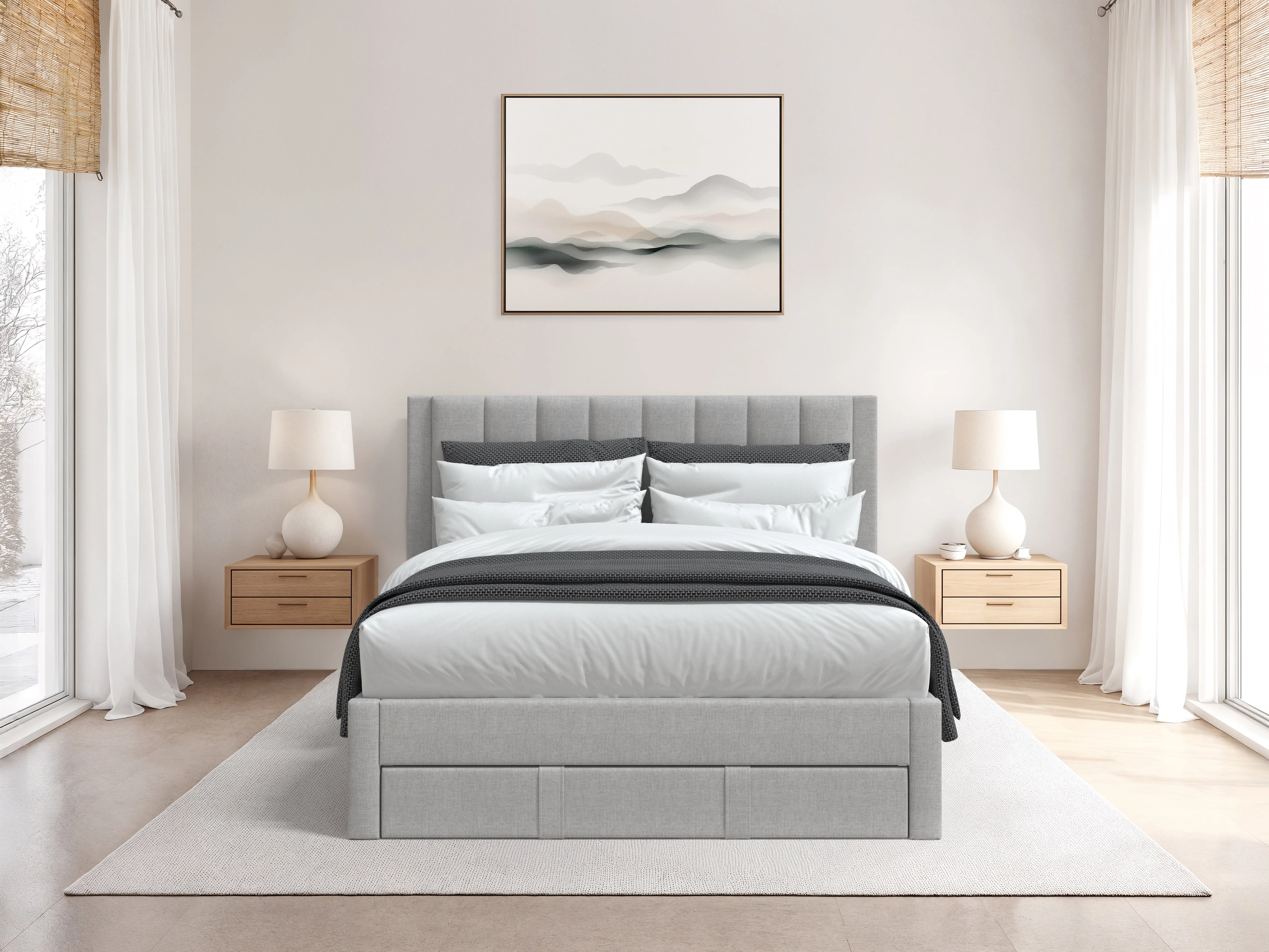 Channel Tufted Grey Queen Bed with Storage