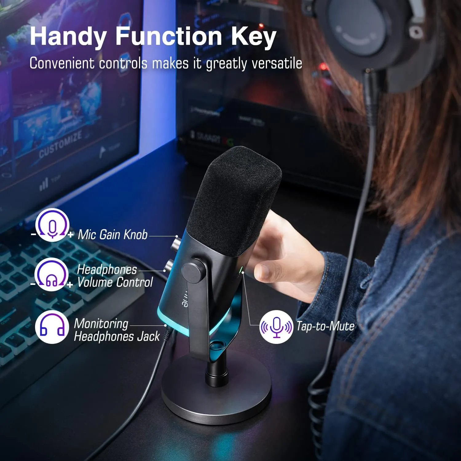 Dynamic Microphone for Podcast Recording, PC Computer Gaming Streaming Mic with RGB Light, Mute Button, Headphones Jack, Desktop Stand