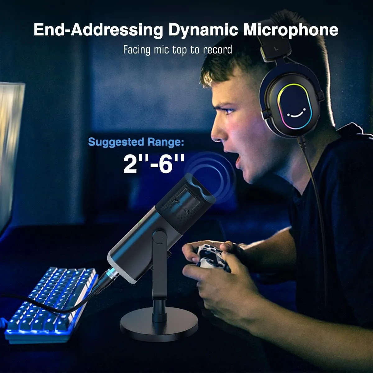 Dynamic Microphone for Podcast Recording, PC Computer Gaming Streaming Mic with RGB Light, Mute Button, Headphones Jack, Desktop Stand