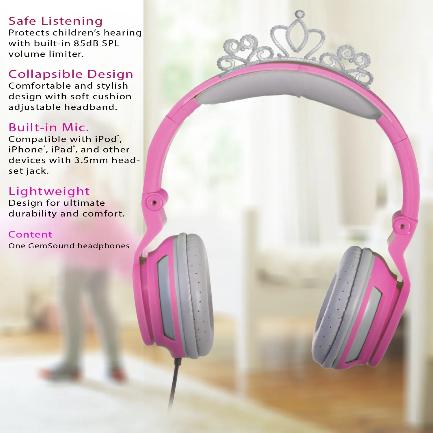 Gem Sound Tiara Pink On Ear Wired Headphones