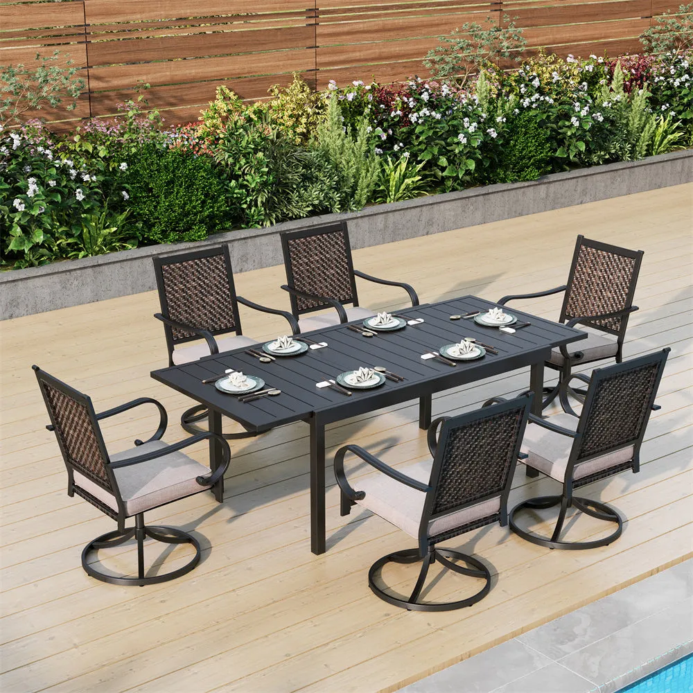 PHI VILLA 7-Piece/9-Piece Patio Outdoor Dining Set With Steel Extendable Table & Rattan Swivel Chairs