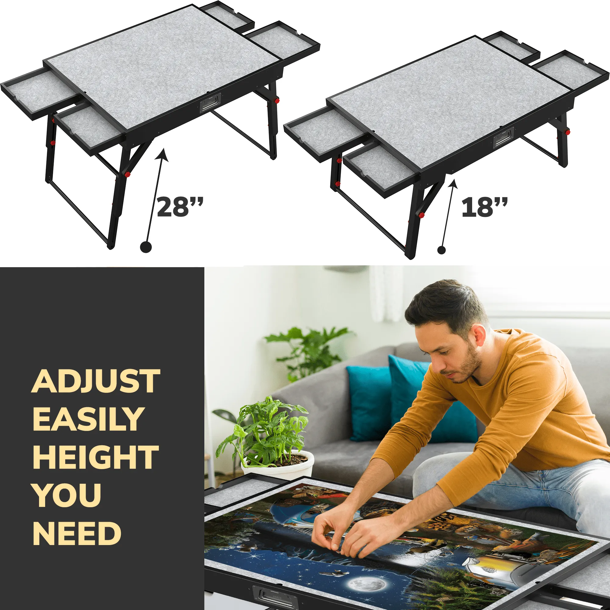 Puzzle Table Black for Adults with Drawers | Foldable Rotatable