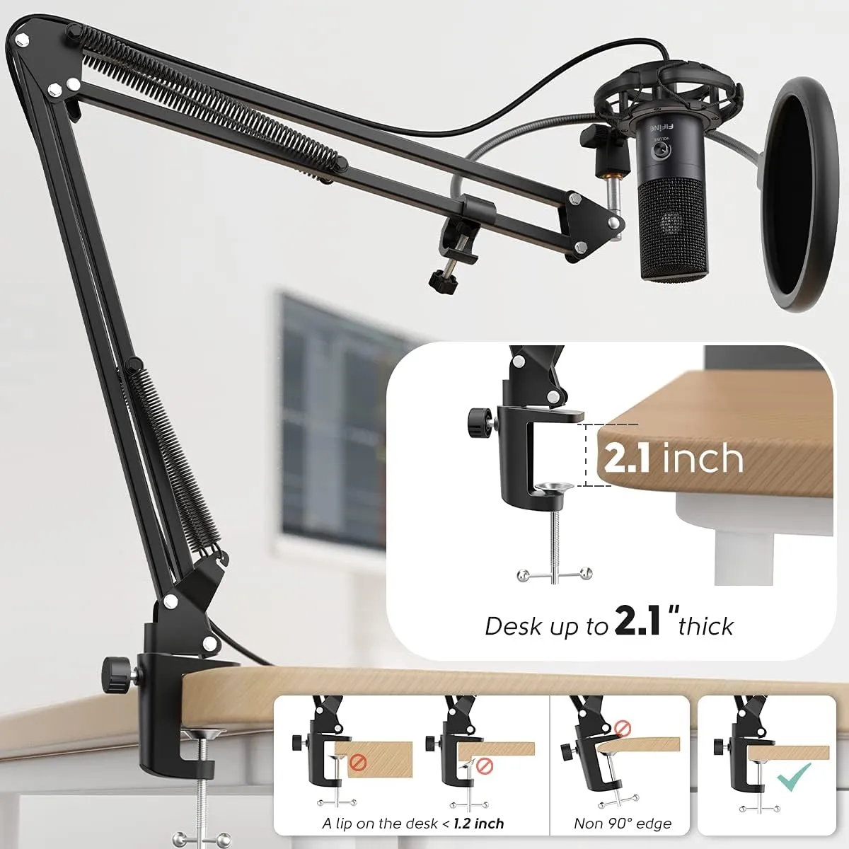 Studio Condenser USB Microphone, Computer PC Microphone Kit with Adjustable Boom Arm Stand Shock Mount for Instruments