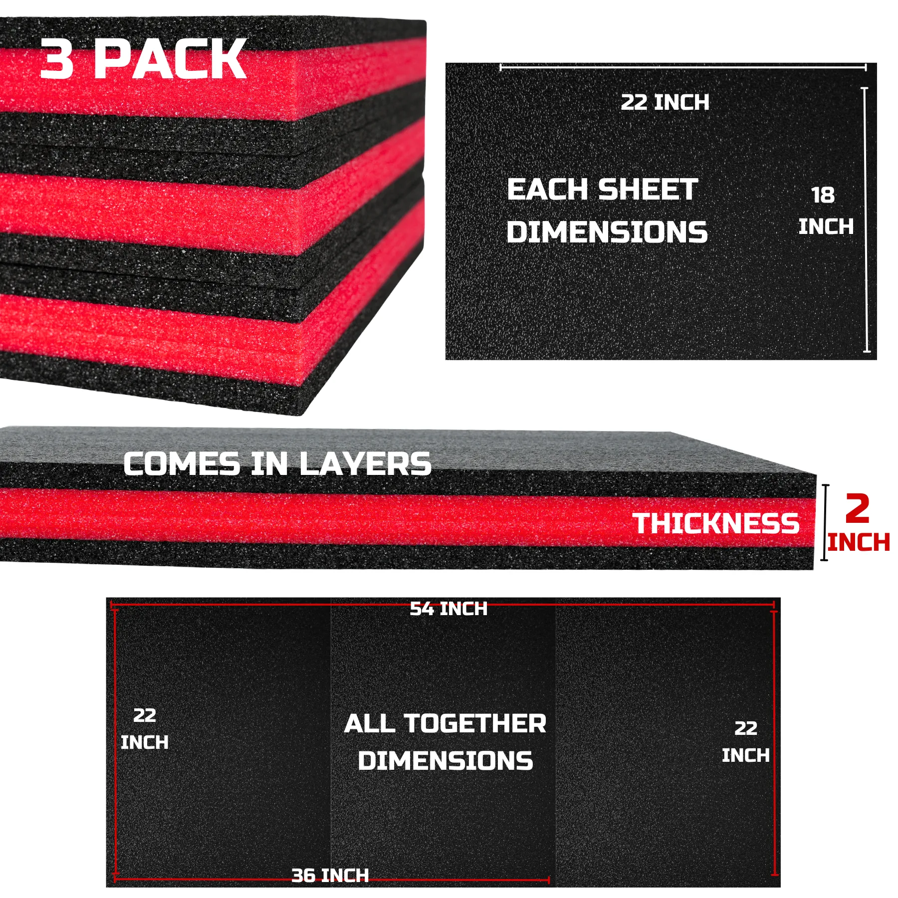 Tool Box Foam 3Pack 22x18x2 inch, Foam Inserts for Cases, Polyethylene Tool Foam Sheets, Drawer Liner Foam, Toolbox Kaizen Organizer and Storage Tool Shadow